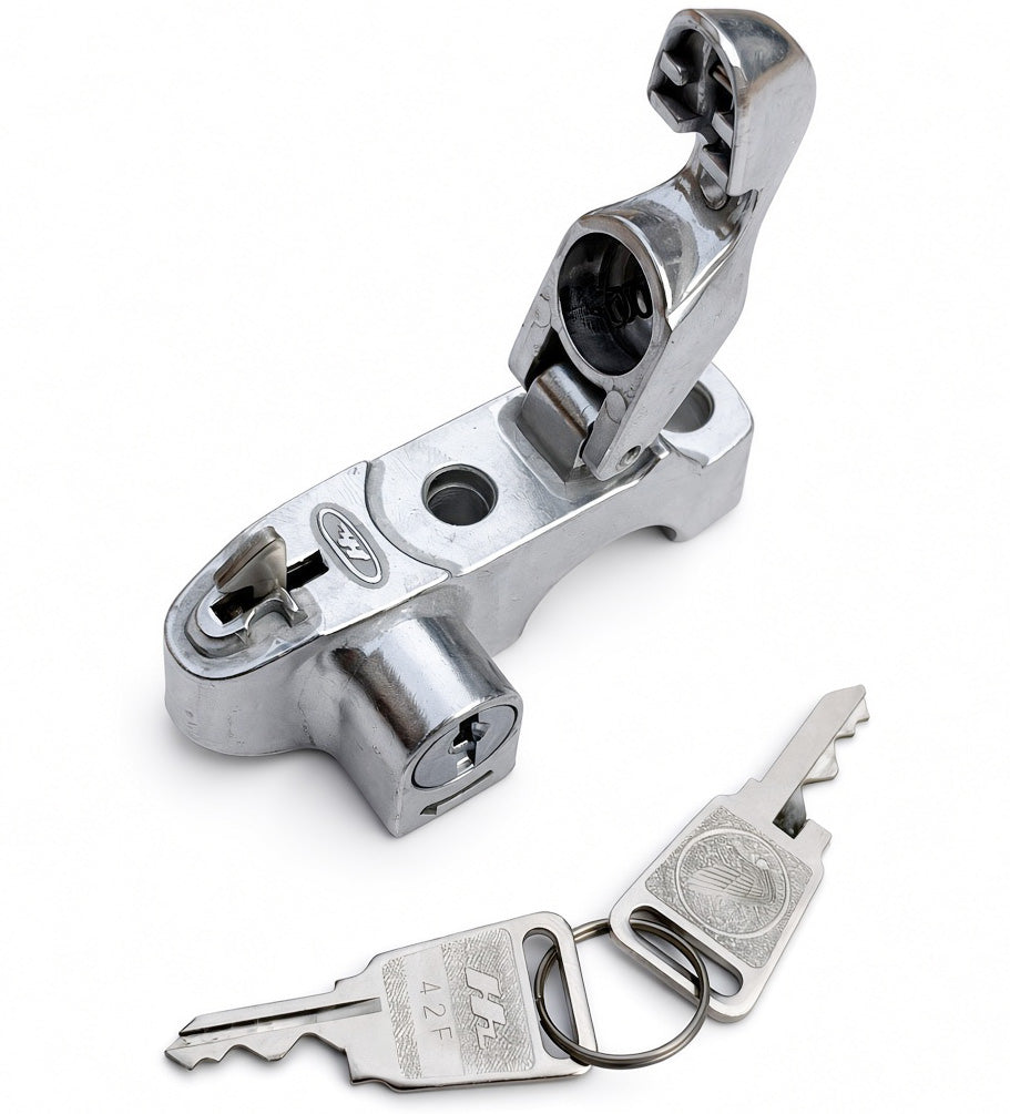 Honda Bar Mount Helmet Lock suitable for use with Z50J (Gorilla), Chaly 6V - open with the lid raised and two keys