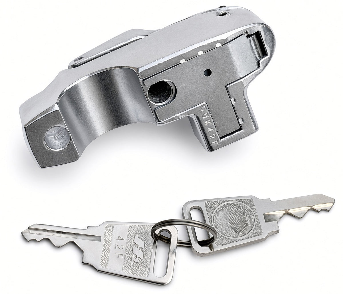 Honda Bar Mount Helmet Lock suitable for use with Z50J (Gorilla), Chaly 6V - underside with clamp and two keys
