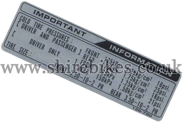 Honda Tyre Pressure Sticker suitable for use with Dax 12V