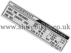 Reproduction Tyre Pressure Sticker suitable for use with Z50R