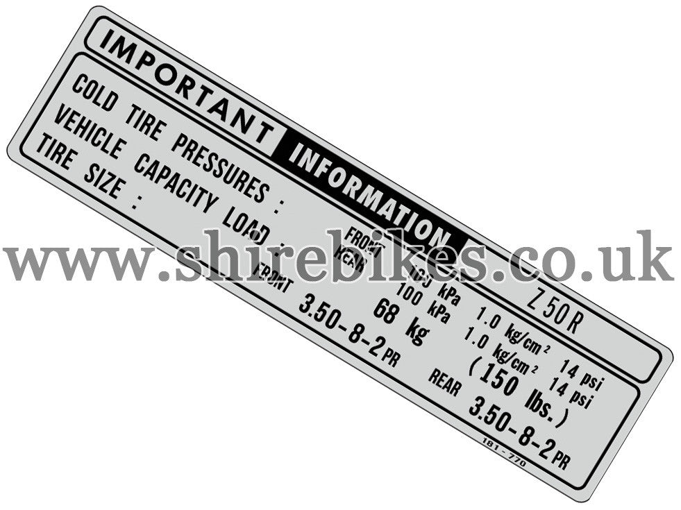 Reproduction Tyre Pressure Sticker suitable for use with Z50R
