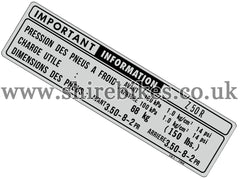 Reproduction Tyre Pressure Sticker (French Text) suitable for use with Z50R