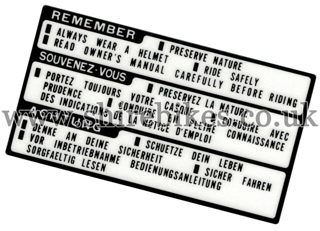 Honda Fuel Tank Warning Sticker suitable for use with Z50R