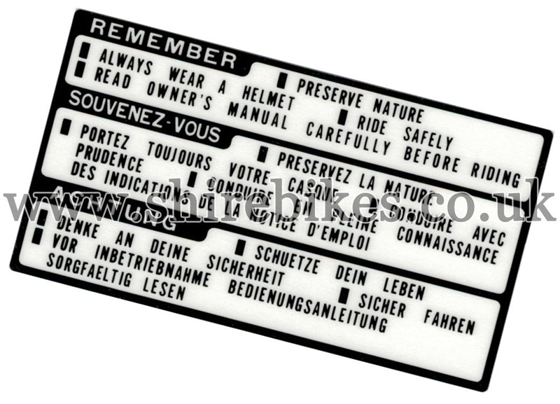 Honda Fuel Tank Warning Sticker suitable for use with Z50R