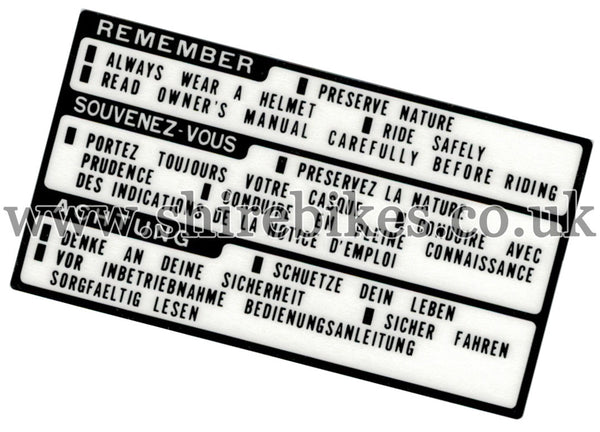 Honda Fuel Tank Warning Sticker suitable for use with Z50R