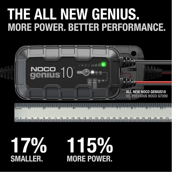 NOCO GENIUS10UK, 10-Amp Fully-Automatic Smart Charger, 6V and 12V Battery Charger, Battery Maintainer, and Battery Desulfator with Temperature Compensation
