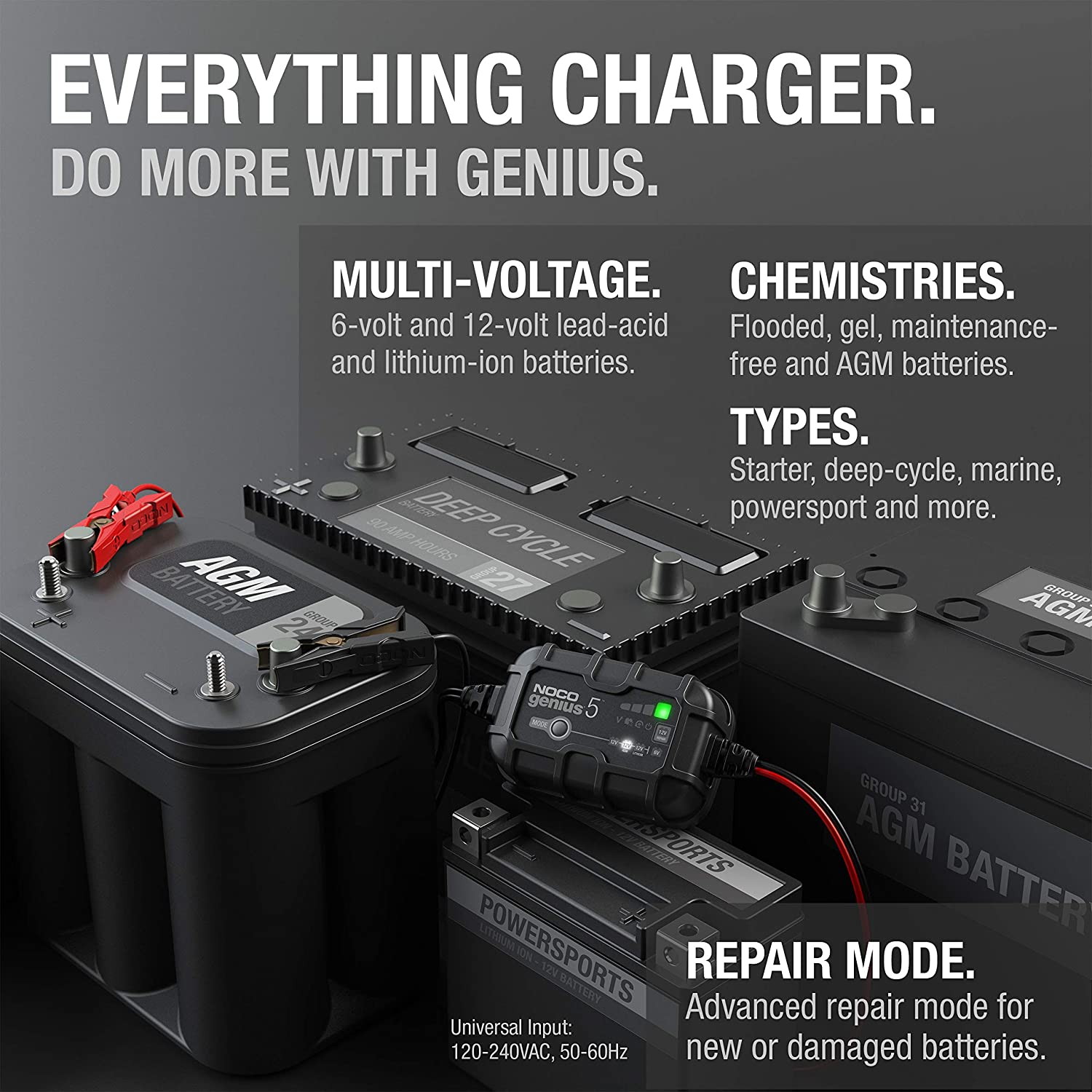 NOCO GENIUS5UK, 5-Amp Fully-Automatic Smart Charger, 6V and 12V Battery Charger, Battery Maintainer, and Battery Desulfator with Temperature Compensation