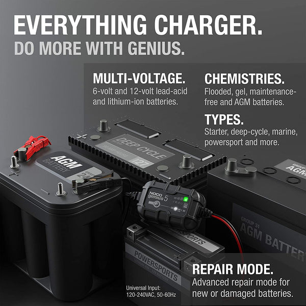 NOCO GENIUS5UK, 5-Amp Fully-Automatic Smart Charger, 6V and 12V Battery Charger, Battery Maintainer, and Battery Desulfator with Temperature Compensation